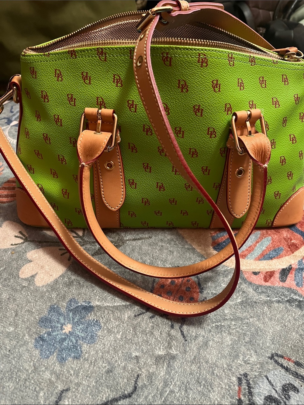 Dooney & Bourke Bright Green Logo Satchel with Tan Trim Rare Mint condition
